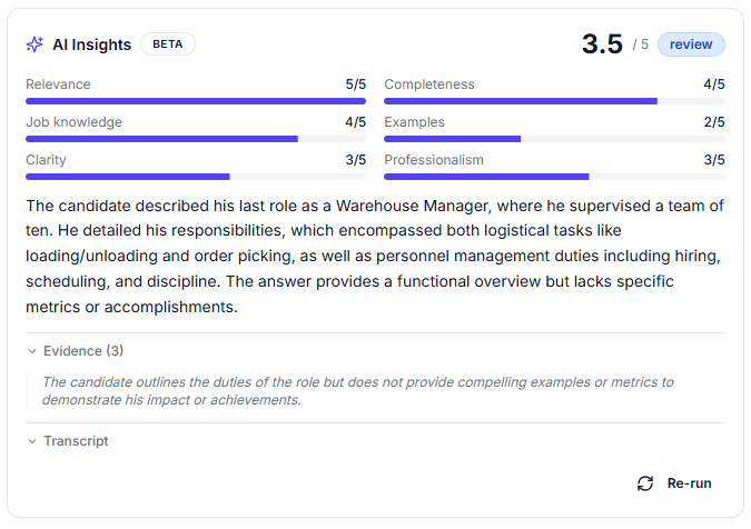 AI insights dashboard showing candidate transcript and rubric scoring
