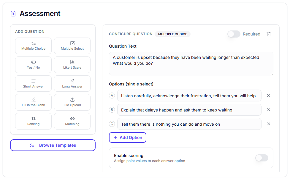 Assessment builder showing multiple choice question with scoring
