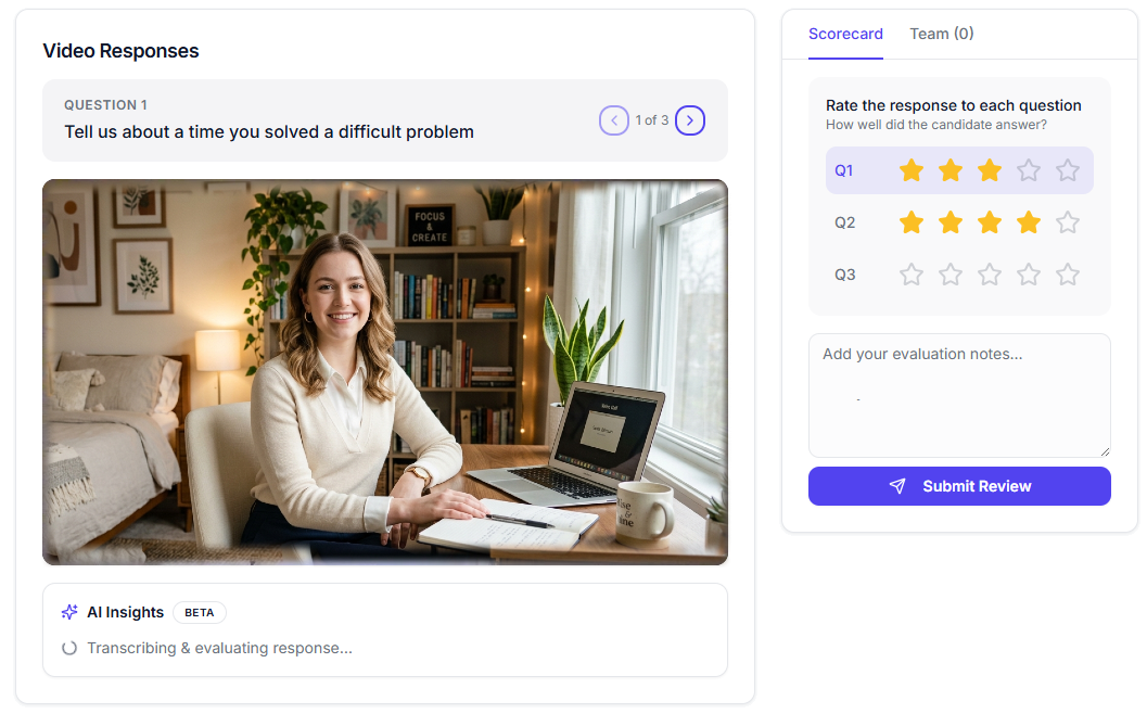 Review and score candidate video responses with team scorecard